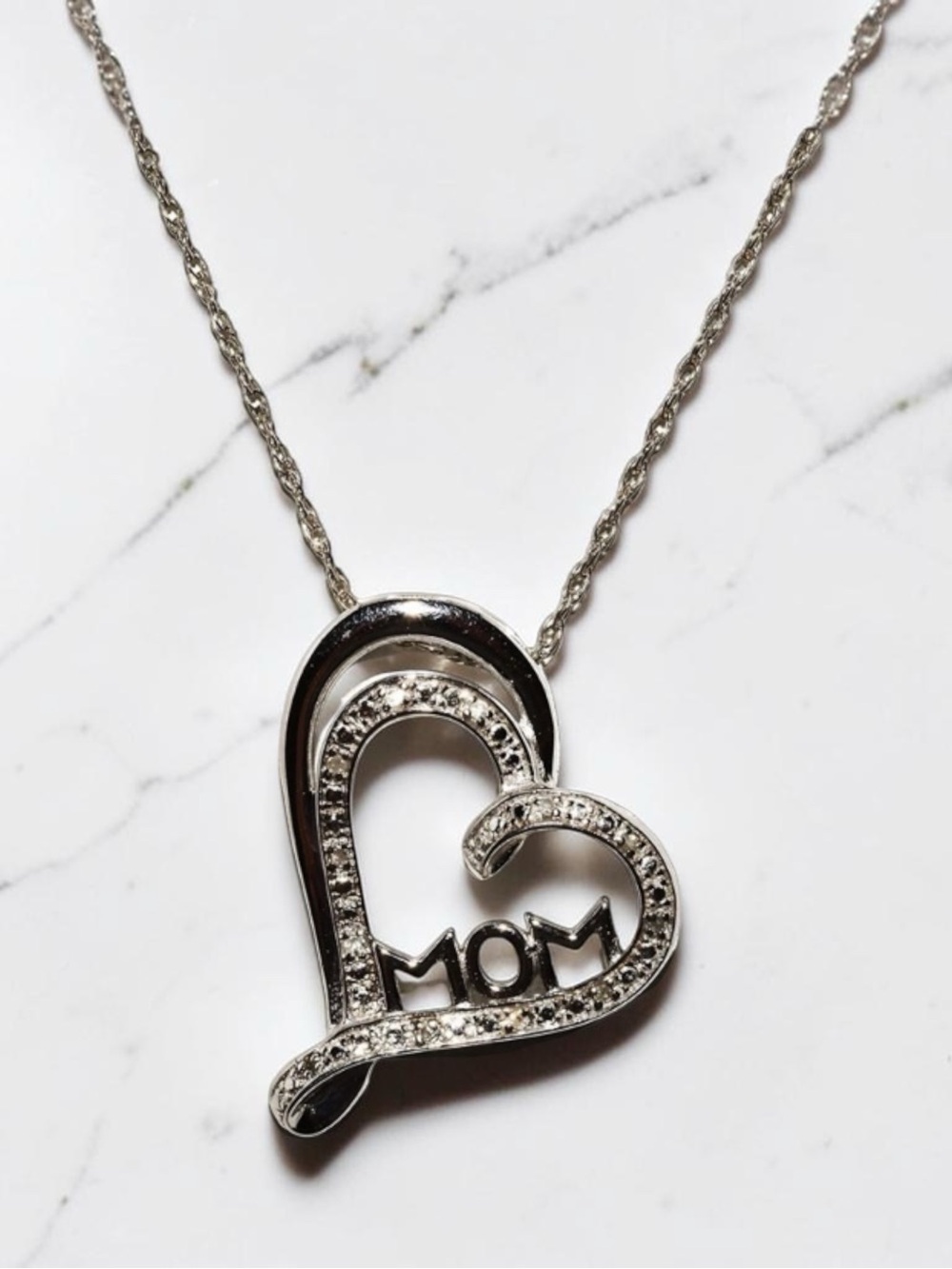Solid 925 Sterling Silver Natural Diamond MOM Open Heart Slide Necklace 18.375in